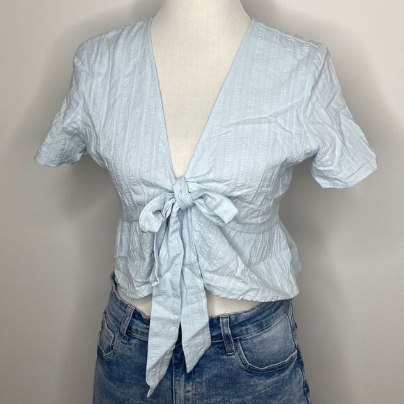 Lottie Moss- Baby Blue Textured Front Tie Blouse - Picture 1 of 3